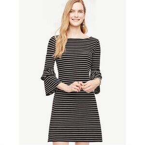 Ann Taylor Striped Stretch Knit Bell Sleeve Mini Dress Women Small Black